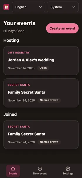 The app’s home screen listing events you host and events you joined.