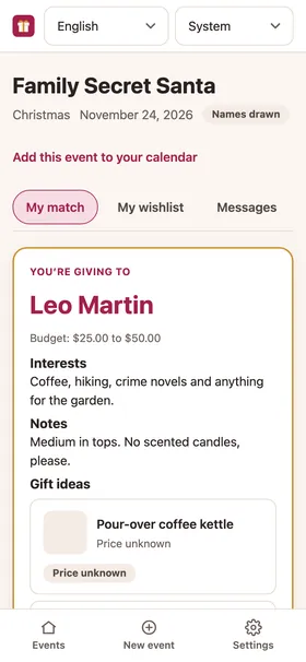 A participant’s match card with the recipient’s interests and wishlist.