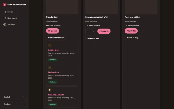 A registry item with places to buy and a delivery timeline up to the event date.