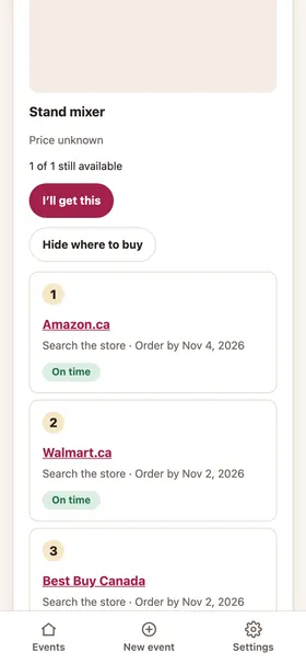 A registry item with places to buy and a delivery timeline up to the event date.
