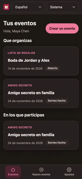 La pantalla de inicio de la aplicación con los eventos que organizas y en los que participas.