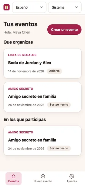 La pantalla de inicio de la aplicación con los eventos que organizas y en los que participas.
