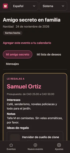 La tarjeta de asignación de una persona, con los intereses y la lista de deseos de quien le tocó.