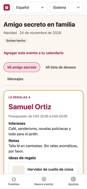 La tarjeta de asignación de una persona, con los intereses y la lista de deseos de quien le tocó.