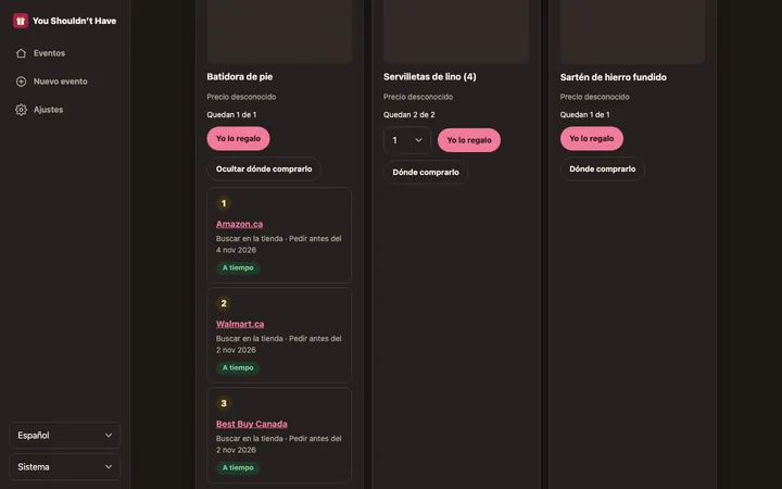 Un artículo de una lista de regalos con lugares donde comprar y una línea de tiempo de entrega hasta el evento.