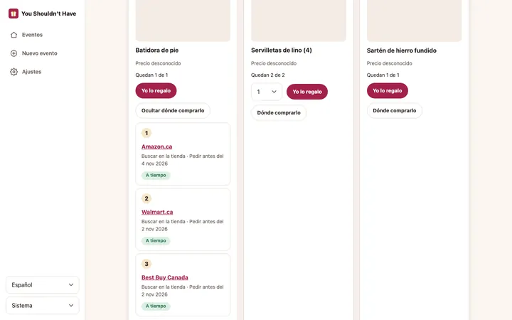 Un artículo de una lista de regalos con lugares donde comprar y una línea de tiempo de entrega hasta el evento.