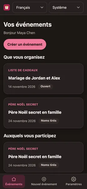 L’écran d’accueil de l’application avec les événements que vous organisez et ceux auxquels vous participez.