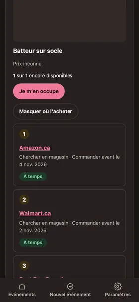 Un article d’une liste de cadeaux avec des endroits où acheter et une ligne du temps de livraison jusqu’à l’événement.