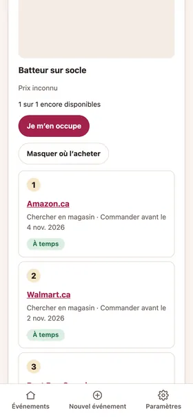 Un article d’une liste de cadeaux avec des endroits où acheter et une ligne du temps de livraison jusqu’à l’événement.